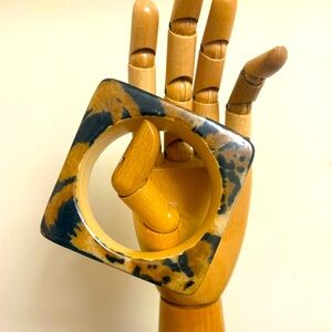 Vintage Wooden Square Bangle Bracelet with Animal Print 1980's